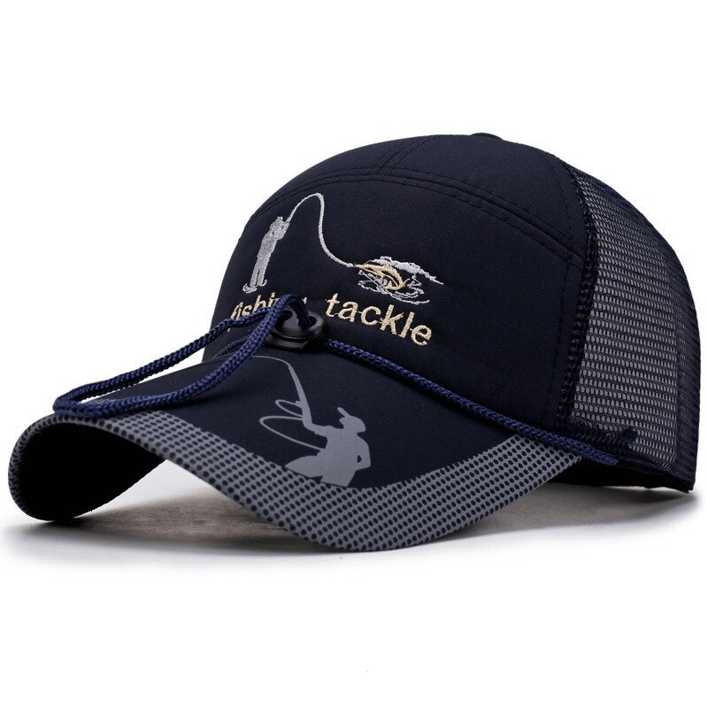 Mesh fishing cap with drawstring, sunshade protection, adjustable fit, and stylish design in dark color, ideal for outdoor activities.